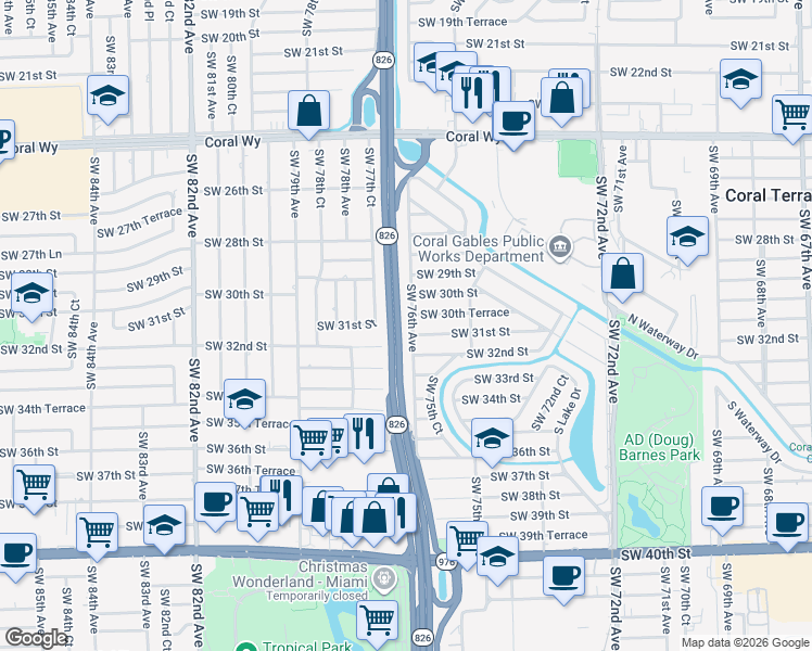 map of restaurants, bars, coffee shops, grocery stores, and more near 3040 Southwest 76th Avenue in Miami