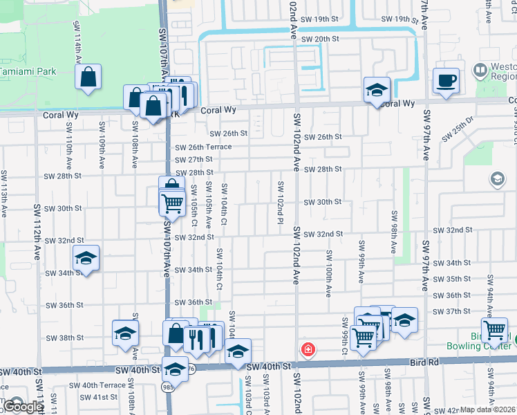 map of restaurants, bars, coffee shops, grocery stores, and more near 3000 Southwest 103rd Court in Miami