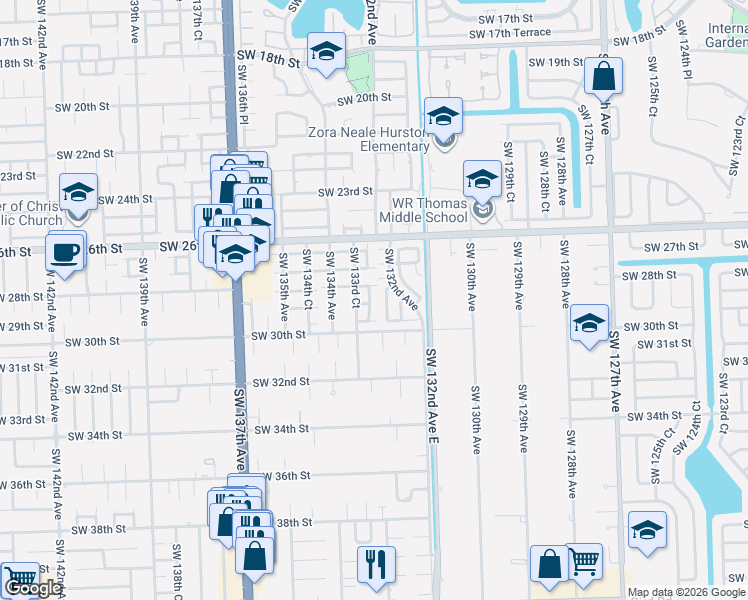 map of restaurants, bars, coffee shops, grocery stores, and more near 13244 Southwest 28th Street in Miami