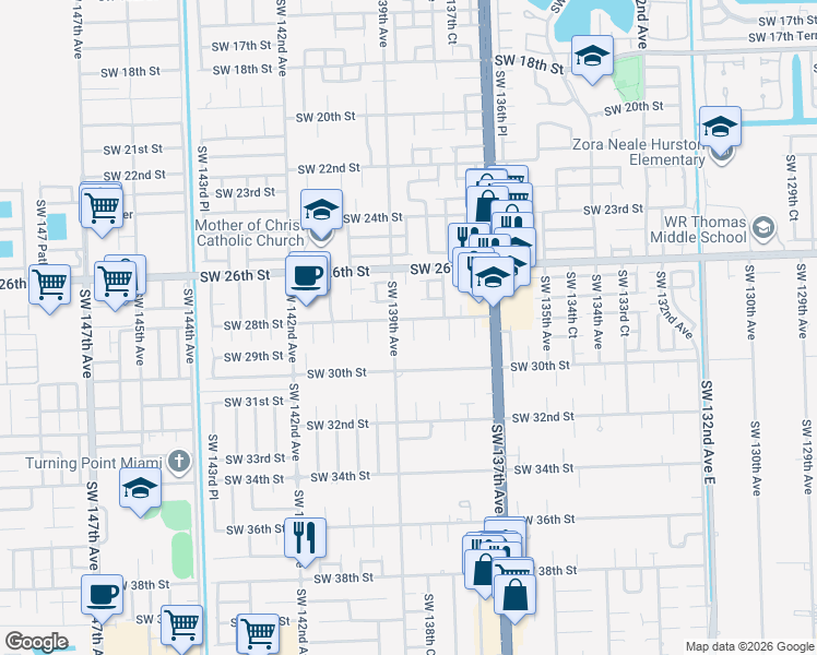map of restaurants, bars, coffee shops, grocery stores, and more near 2804 Southwest 138th Path in Miami