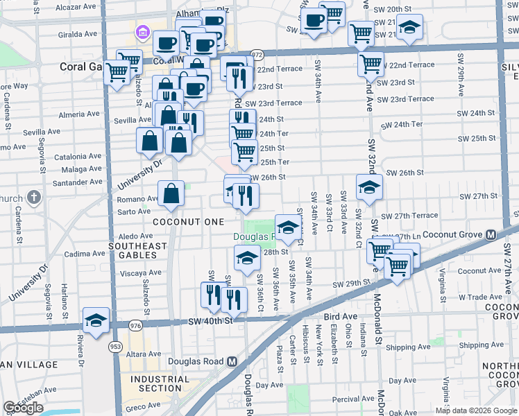 map of restaurants, bars, coffee shops, grocery stores, and more near 3653 Southwest 27th Street in Miami