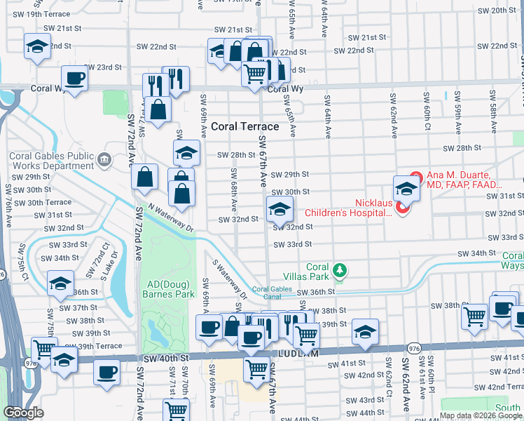 map of restaurants, bars, coffee shops, grocery stores, and more near 3110 Southwest 67th Avenue in Miami