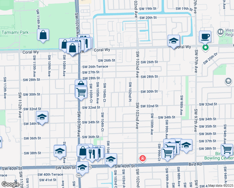 map of restaurants, bars, coffee shops, grocery stores, and more near 3000 Southwest 103rd Court in Miami