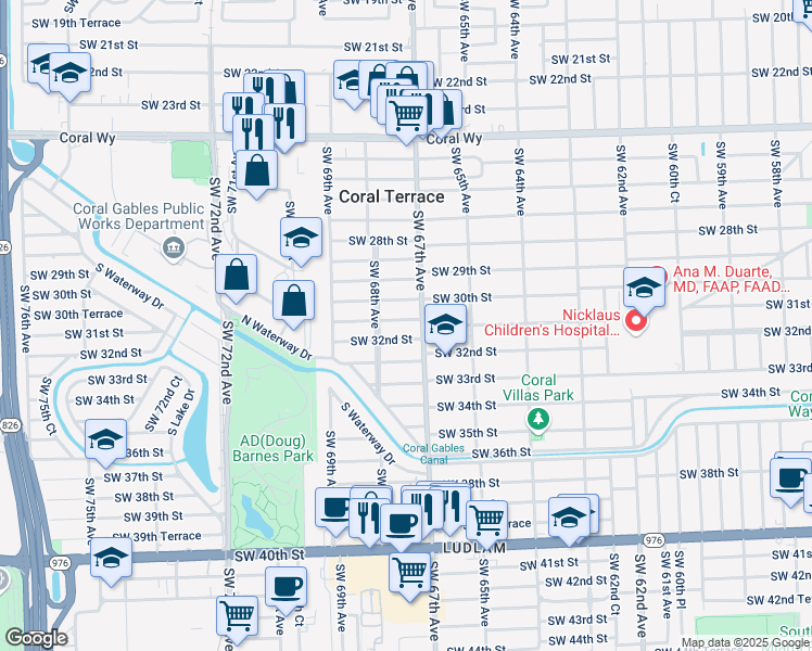 map of restaurants, bars, coffee shops, grocery stores, and more near 6730 Southwest 31st Street in Miami