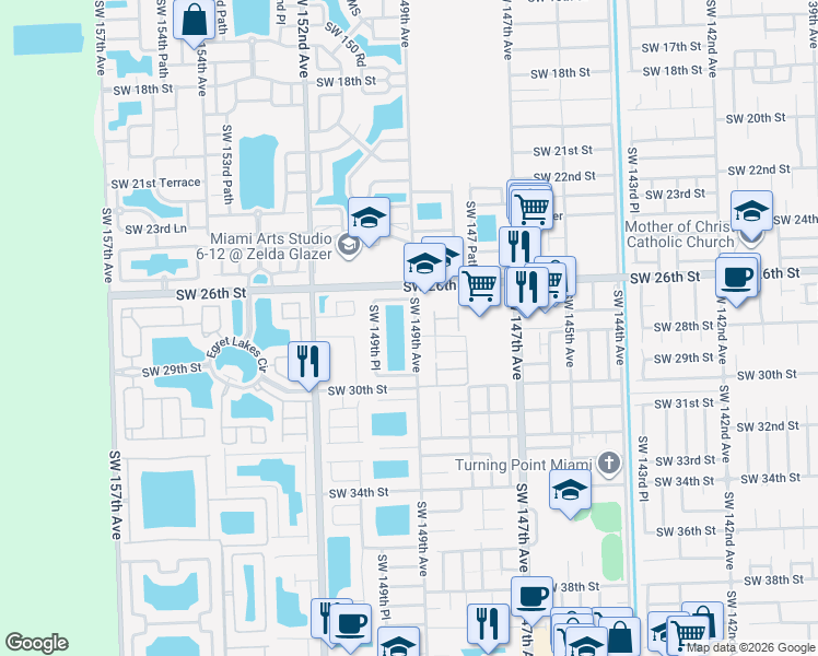 map of restaurants, bars, coffee shops, grocery stores, and more near 2740 Southwest 149th Avenue in Miami