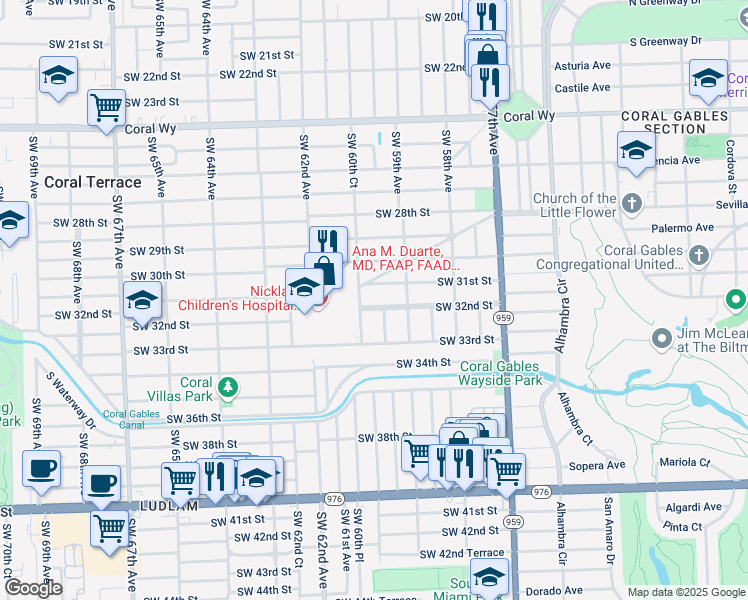 map of restaurants, bars, coffee shops, grocery stores, and more near 5949 Southwest 32nd Street in Miami