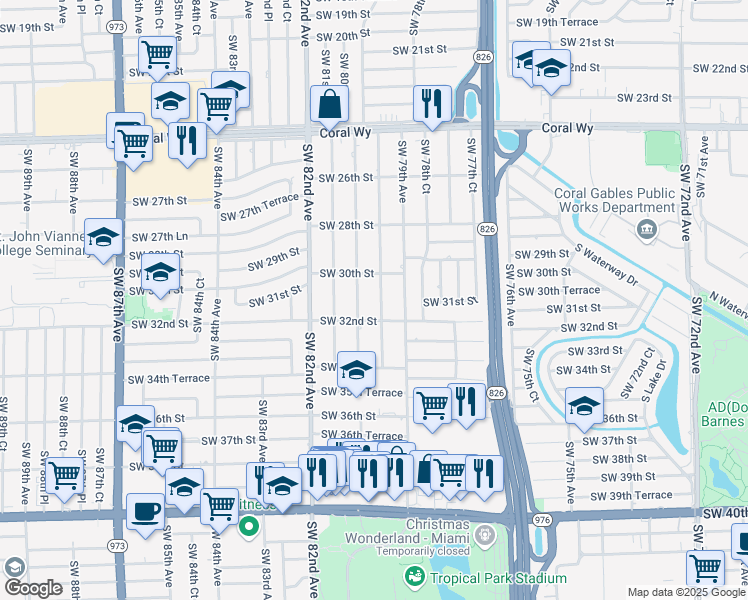 map of restaurants, bars, coffee shops, grocery stores, and more near 3100 Southwest 79th Court in Miami