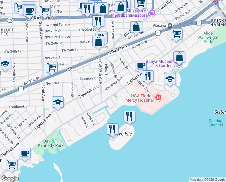 map of restaurants, bars, coffee shops, grocery stores, and more near 1641 South Bayshore Drive in Miami