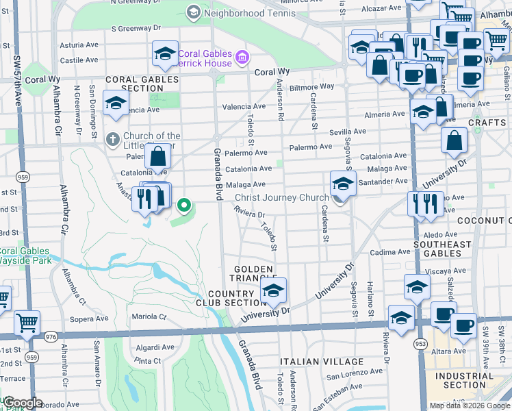 map of restaurants, bars, coffee shops, grocery stores, and more near 850 Anastasia Avenue in Coral Gables
