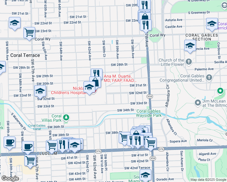 map of restaurants, bars, coffee shops, grocery stores, and more near 5949 Southwest 32nd Street in Miami