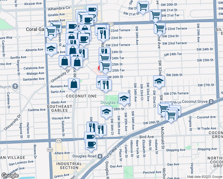 map of restaurants, bars, coffee shops, grocery stores, and more near 3635 Southwest 27th Street in Miami