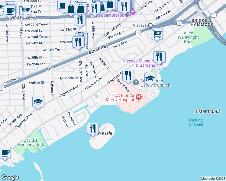 map of restaurants, bars, coffee shops, grocery stores, and more near 3667 South Miami Avenue in Miami