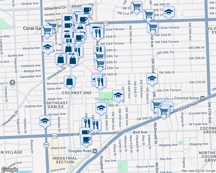map of restaurants, bars, coffee shops, grocery stores, and more near 3635 Southwest 27th Street in Miami