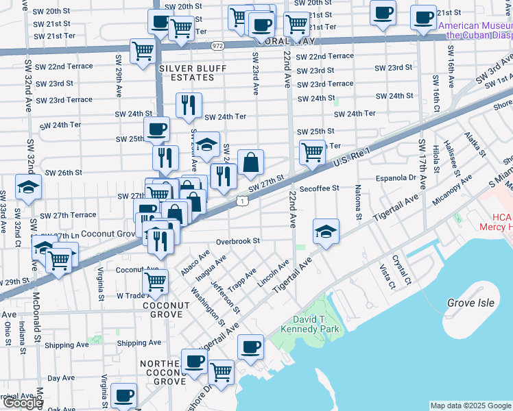 map of restaurants, bars, coffee shops, grocery stores, and more near 2728 Kirk Street in Miami