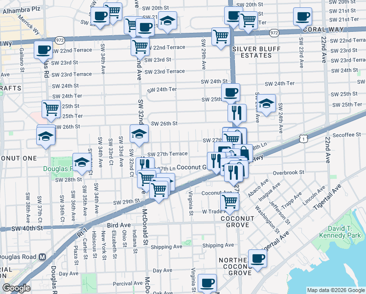map of restaurants, bars, coffee shops, grocery stores, and more near 3030 Southwest 27th Street in Miami