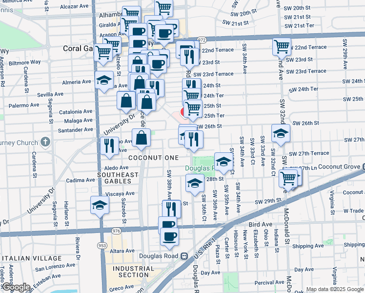 map of restaurants, bars, coffee shops, grocery stores, and more near 2660 Southwest 37th Avenue in Miami