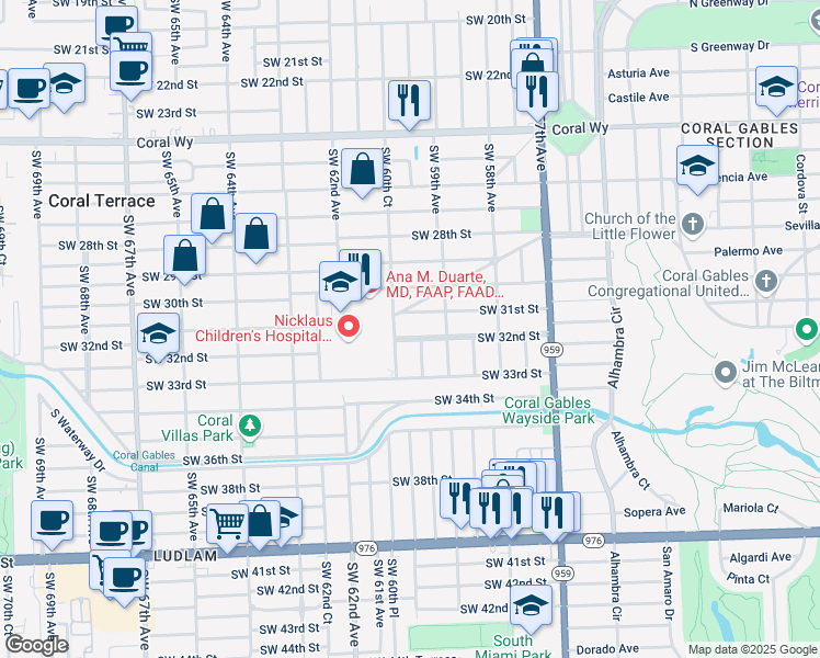 map of restaurants, bars, coffee shops, grocery stores, and more near 5949 Southwest 32nd Street in Miami