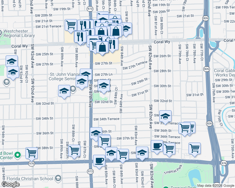 map of restaurants, bars, coffee shops, grocery stores, and more near 3070 Southwest 84th Court in Miami