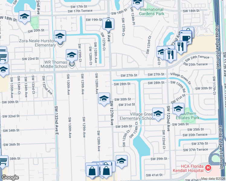 map of restaurants, bars, coffee shops, grocery stores, and more near 2835 Southwest 127th Avenue in Miami