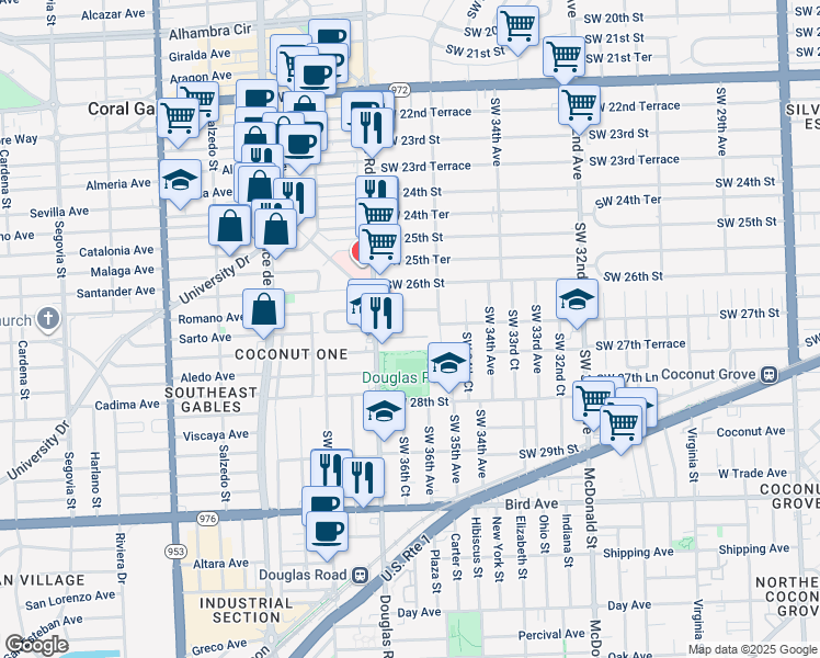 map of restaurants, bars, coffee shops, grocery stores, and more near 3635 Southwest 27th Street in Miami