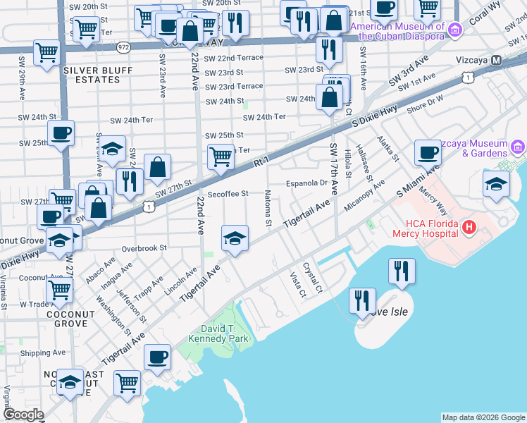 map of restaurants, bars, coffee shops, grocery stores, and more near 2850 Natoma Street in Miami