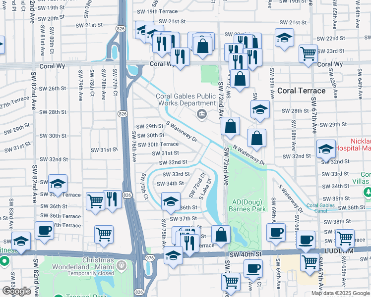 map of restaurants, bars, coffee shops, grocery stores, and more near 7330 Southwest 34th Street Road in Miami