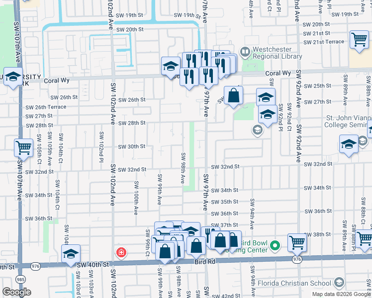 map of restaurants, bars, coffee shops, grocery stores, and more near 3011 Southwest 98th Avenue in Miami