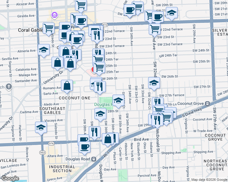 map of restaurants, bars, coffee shops, grocery stores, and more near 3486 Southwest 27th Street in Miami