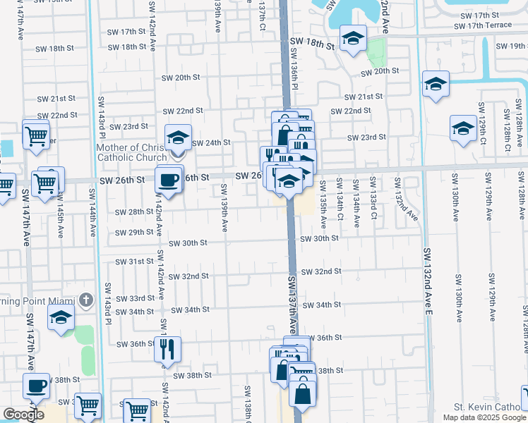 map of restaurants, bars, coffee shops, grocery stores, and more near 2825 Southwest 137th Court in Miami