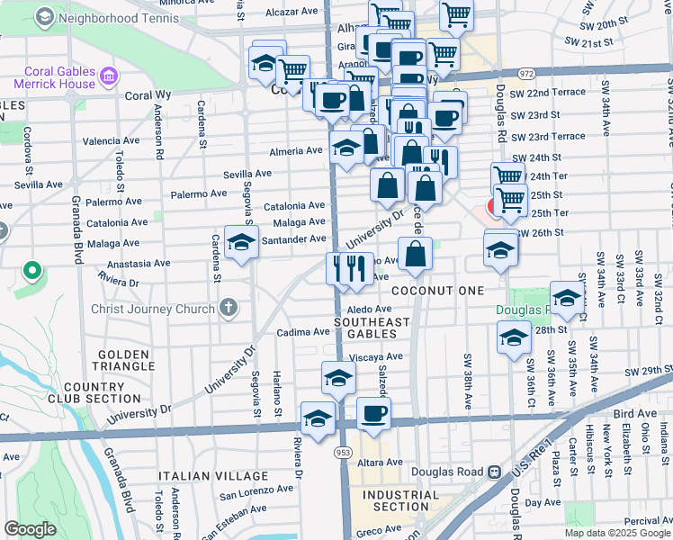 map of restaurants, bars, coffee shops, grocery stores, and more near 3233 Le Jeune Road in Coral Gables