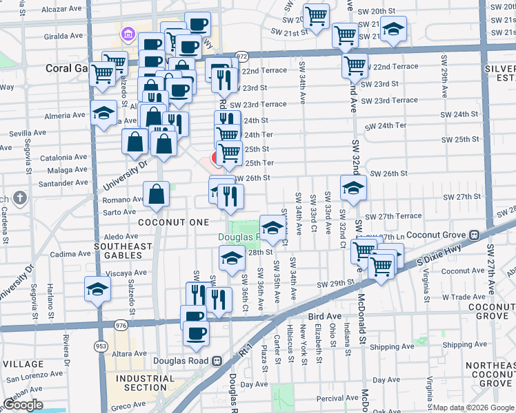 map of restaurants, bars, coffee shops, grocery stores, and more near 3635 Southwest 27th Street in Miami