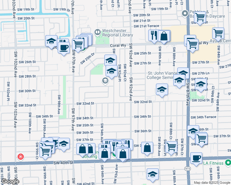 map of restaurants, bars, coffee shops, grocery stores, and more near 3005 Southwest 93rd Court in Miami