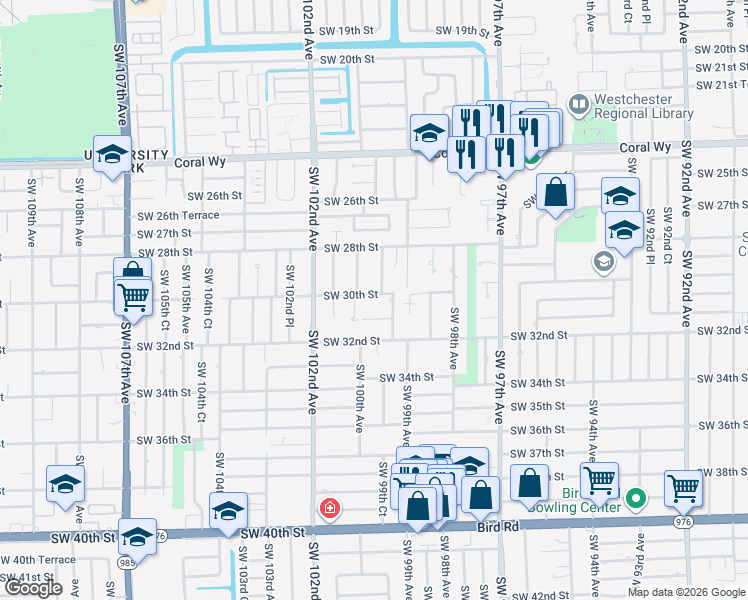 map of restaurants, bars, coffee shops, grocery stores, and more near 3004 Southwest 99th Court in Miami