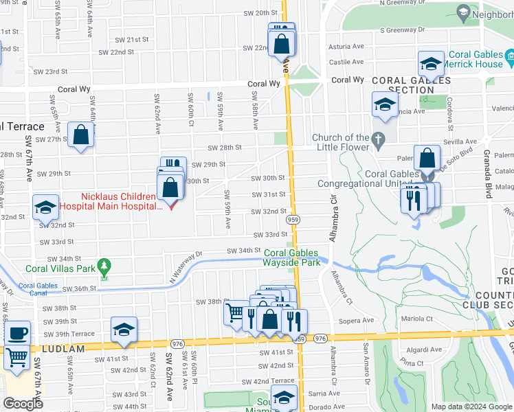 map of restaurants, bars, coffee shops, grocery stores, and more near 5801 Southwest 32nd Street in Miami