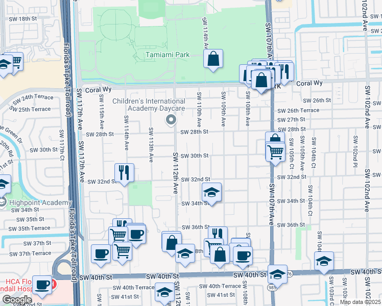 map of restaurants, bars, coffee shops, grocery stores, and more near 2961 Southwest 111th Avenue in Miami