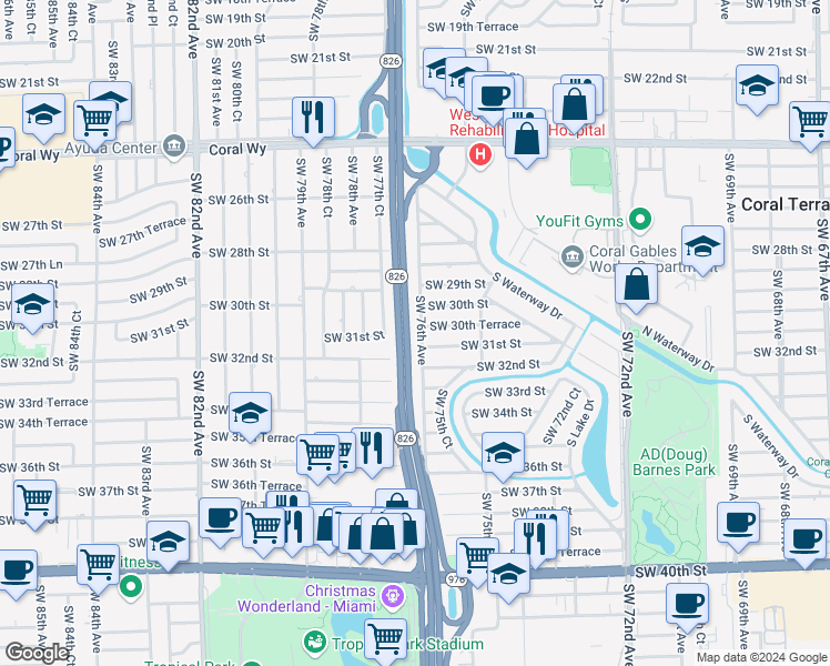map of restaurants, bars, coffee shops, grocery stores, and more near 3040 Southwest 76th Avenue in Miami