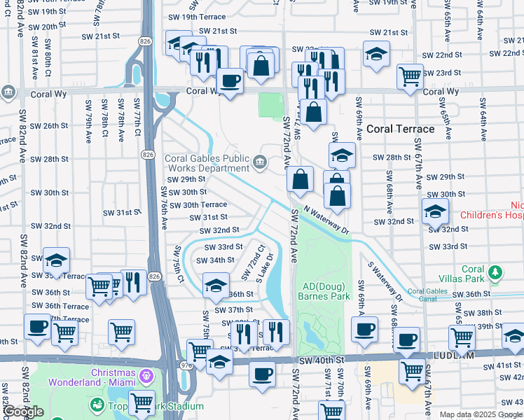 map of restaurants, bars, coffee shops, grocery stores, and more near 7290 S Waterway Dr in Miami