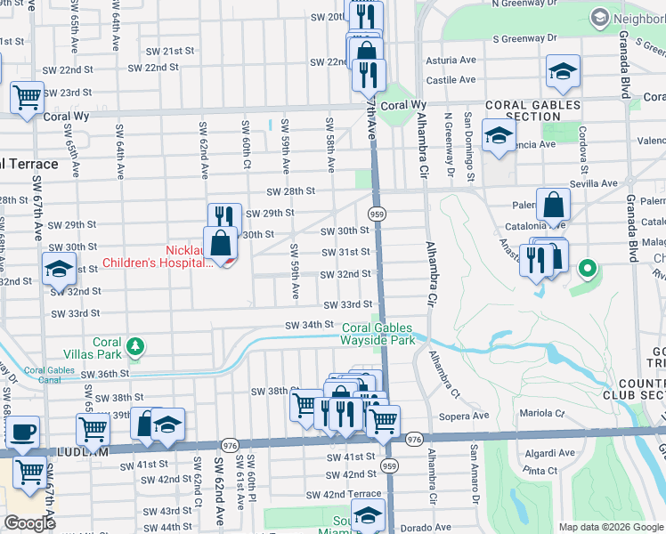 map of restaurants, bars, coffee shops, grocery stores, and more near 5801 Southwest 32nd Street in Miami