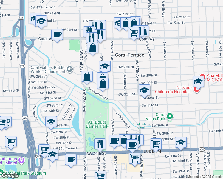 map of restaurants, bars, coffee shops, grocery stores, and more near 3040 SW 69th Ave in Miami