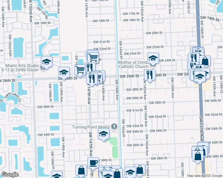 map of restaurants, bars, coffee shops, grocery stores, and more near 14439 Southwest 28th Street in Miami
