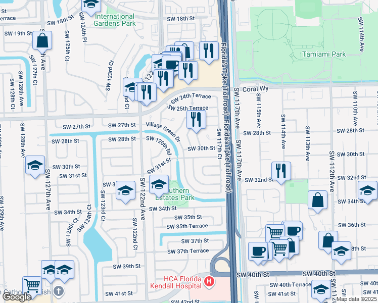 map of restaurants, bars, coffee shops, grocery stores, and more near 11870 SW 30th St in Miami