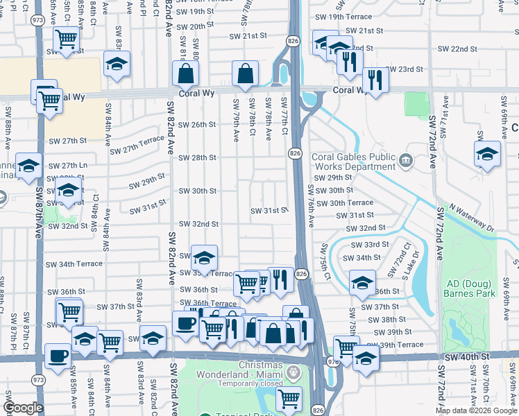 map of restaurants, bars, coffee shops, grocery stores, and more near 3040 Southwest 78th Avenue in Miami