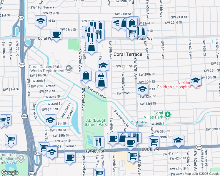 map of restaurants, bars, coffee shops, grocery stores, and more near 3040 Southwest 69th Avenue in Miami