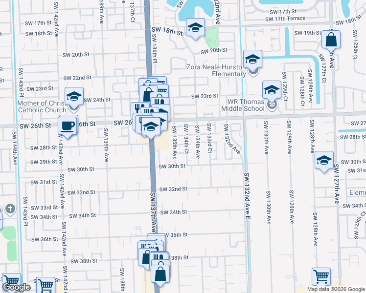 map of restaurants, bars, coffee shops, grocery stores, and more near 13466 Southwest 28th Street in Miami