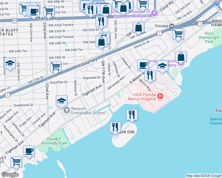 map of restaurants, bars, coffee shops, grocery stores, and more near 1641 South Bayshore Drive in Miami