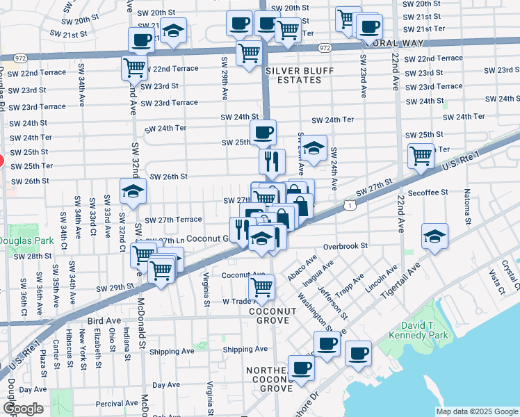 map of restaurants, bars, coffee shops, grocery stores, and more near 2742 Southwest 27th Avenue in Miami