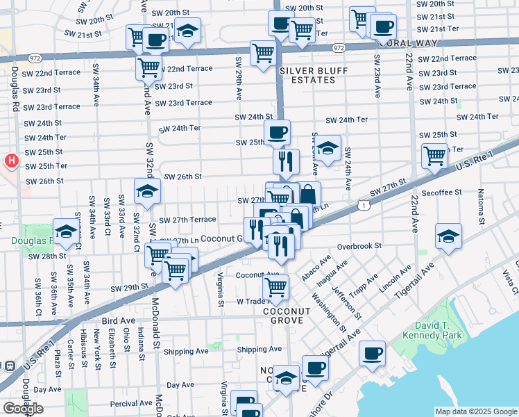 map of restaurants, bars, coffee shops, grocery stores, and more near 2721 Southwest 28th Court in Miami
