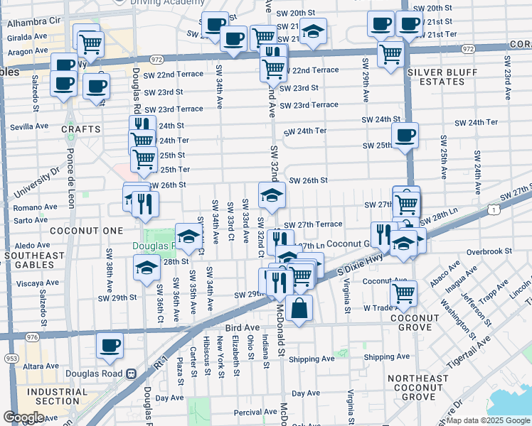 map of restaurants, bars, coffee shops, grocery stores, and more near 2702 Southwest 32nd Court in Miami