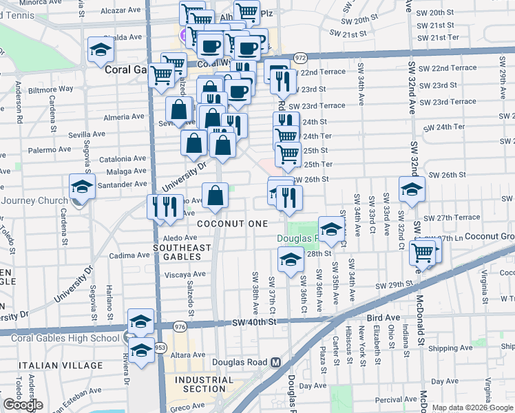 map of restaurants, bars, coffee shops, grocery stores, and more near 3783 Southwest 27th Street in Miami