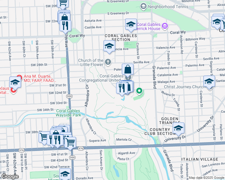 map of restaurants, bars, coffee shops, grocery stores, and more near 1200 Anastasia Avenue in Coral Gables